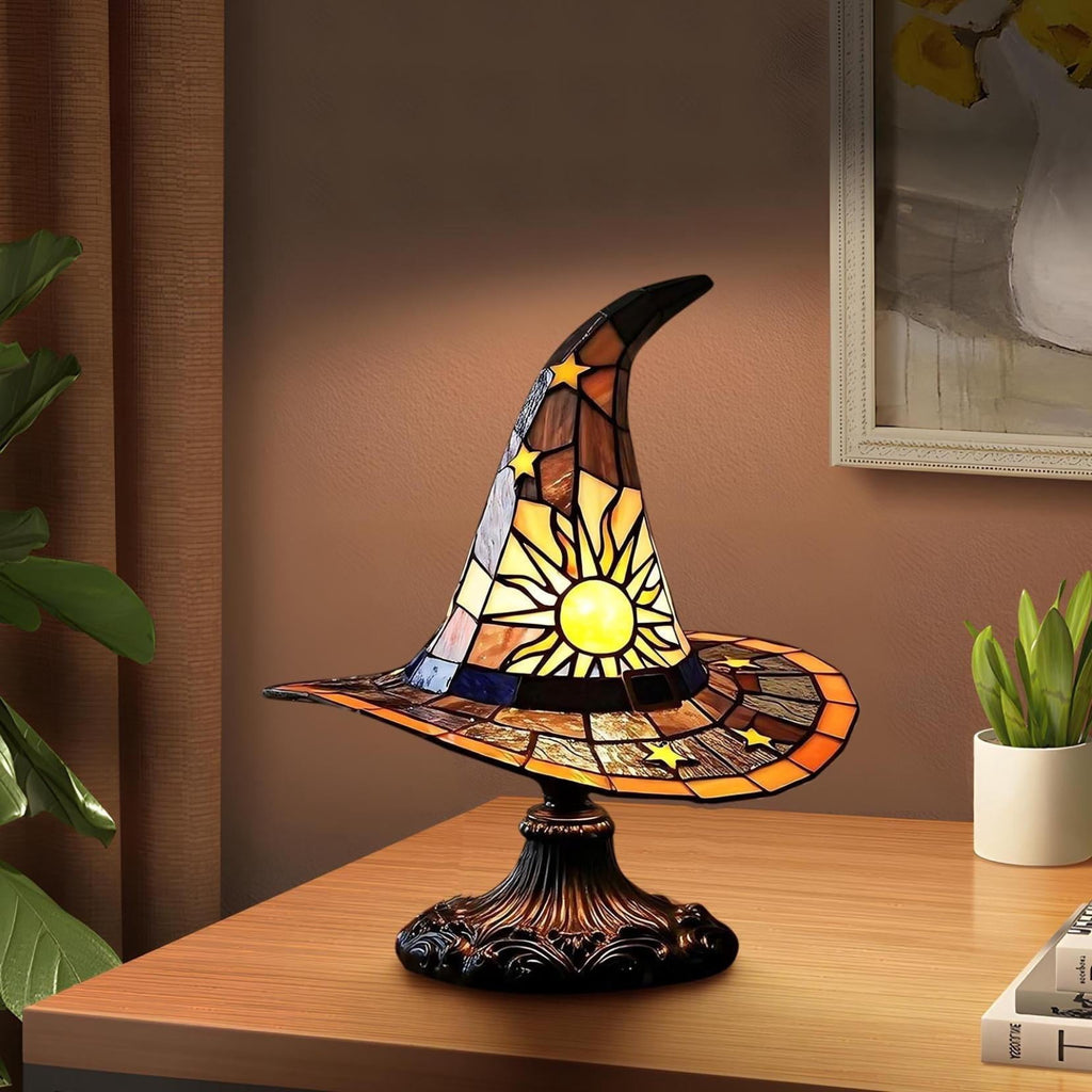 Guodhu Witch Hat Table Lamp Halloween Glowing Resin Ornament Mini Night Light for Bedroom Shelf Spooky Decor with LED(Multicolor)
