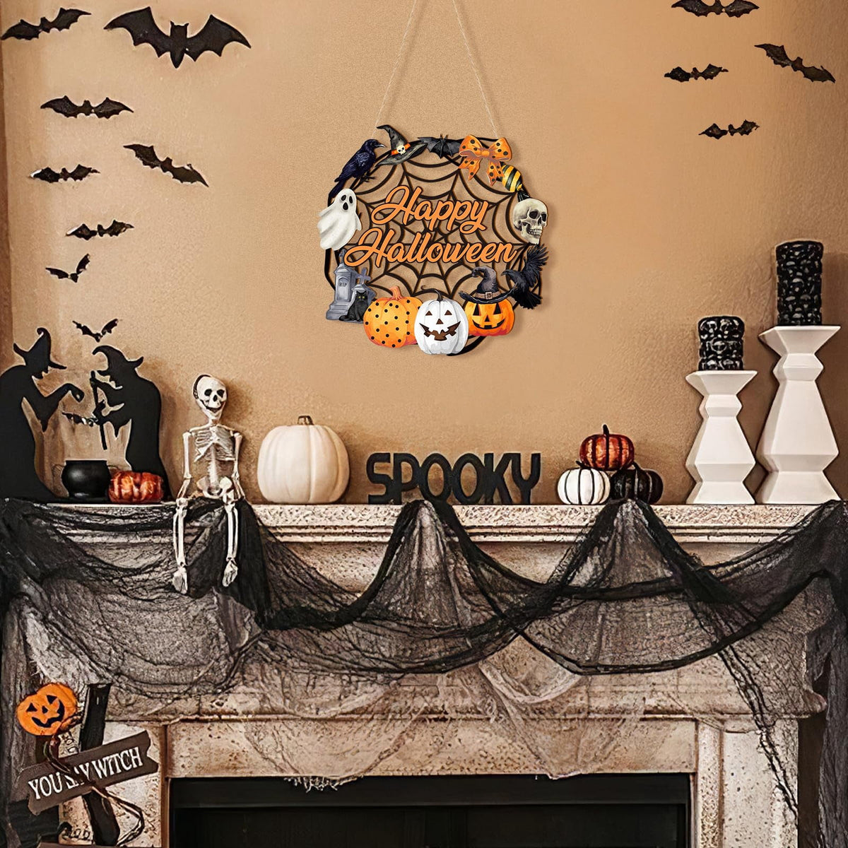 Halloween Door Wreath,Wooden Door Sign Halloween Wreath for Front Door Decoration with Ghost Black Cat Pumpkin Fall Decor