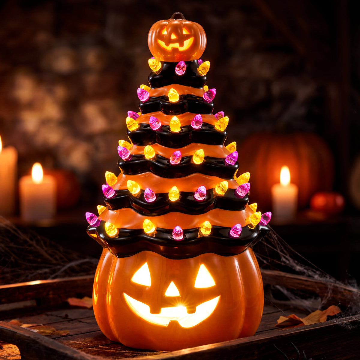 Joyfy 8.5 inch Halloween Decorations Ceramic Gnome Tree Decorations with Build-in LEDs,Light Up Pumpkin Table Decor Bedroom Indoor Centerpieces for Tables