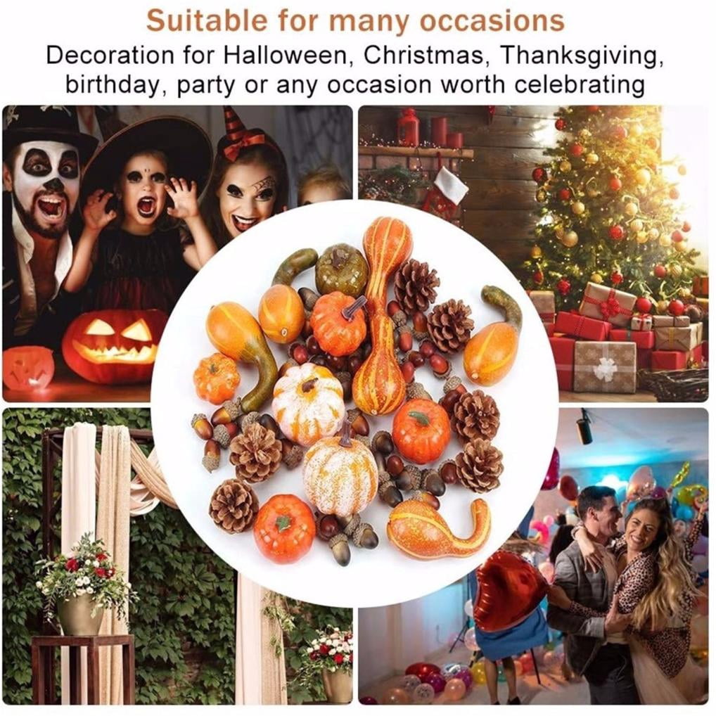 70pcs Fall Pumpkins Decor Set, Mini Artificial Gourd Fall Leaves Acorns Pinecones Decorations for Home, Fall Centerpieces for Tables, Thanksgiving Bowl Filler, Harvest Farmhouse Table Tiered Tray Set