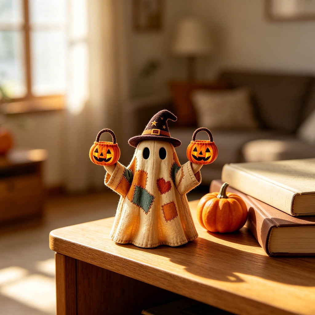 Halloween Ghost Figurine, Resin Lighted Ghost Ornament with Pumpkin Lantern & Beverage Cup, Tabletop Halloween Indoor Decor