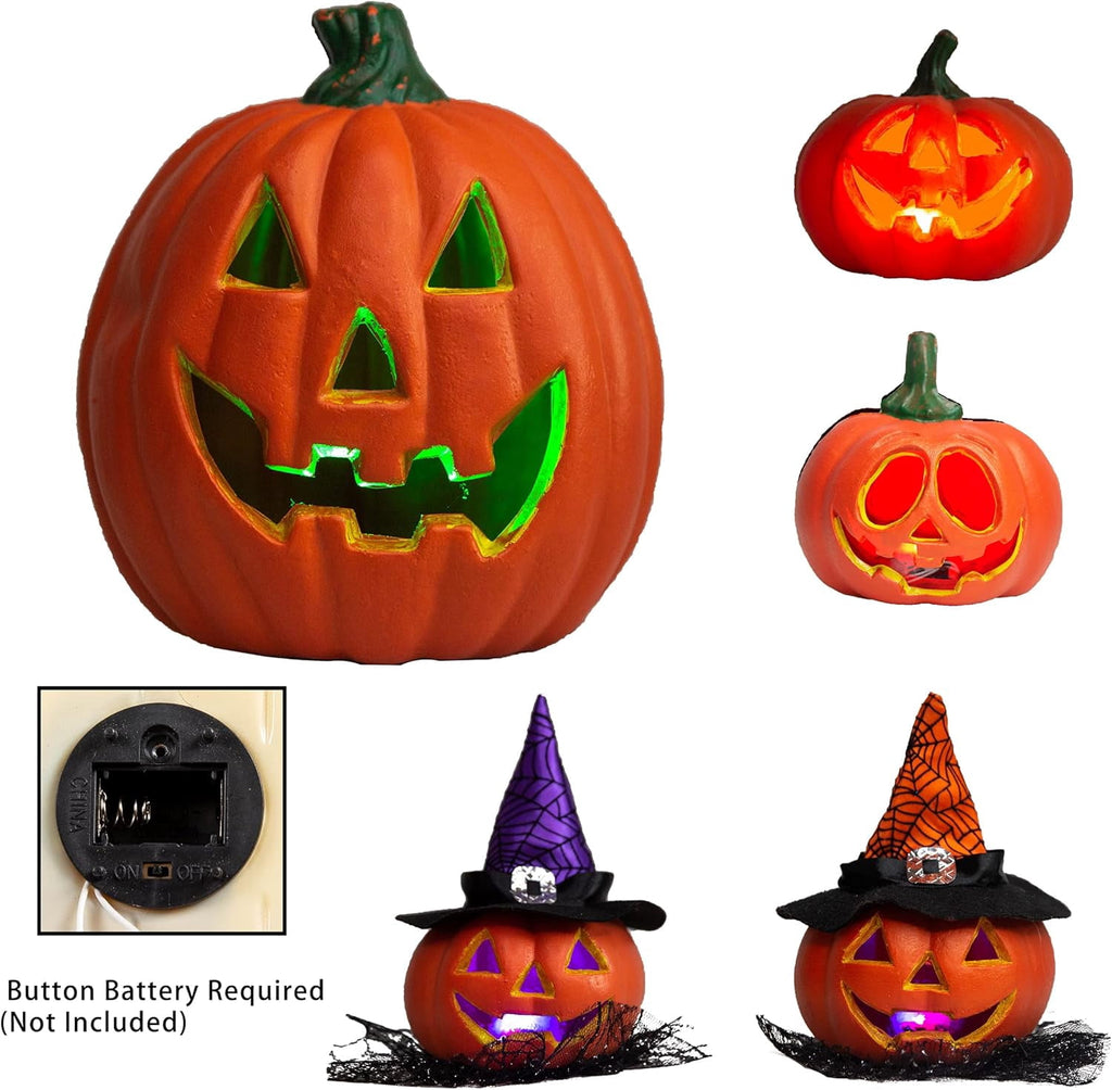 Joyfy 5 Pcs Light Up Halloween Pumpkin Decor Jack O Lantern Decorations Outdoor Indoor, Plastic Large Trick Or Treat Table Top Party Supplies Favors