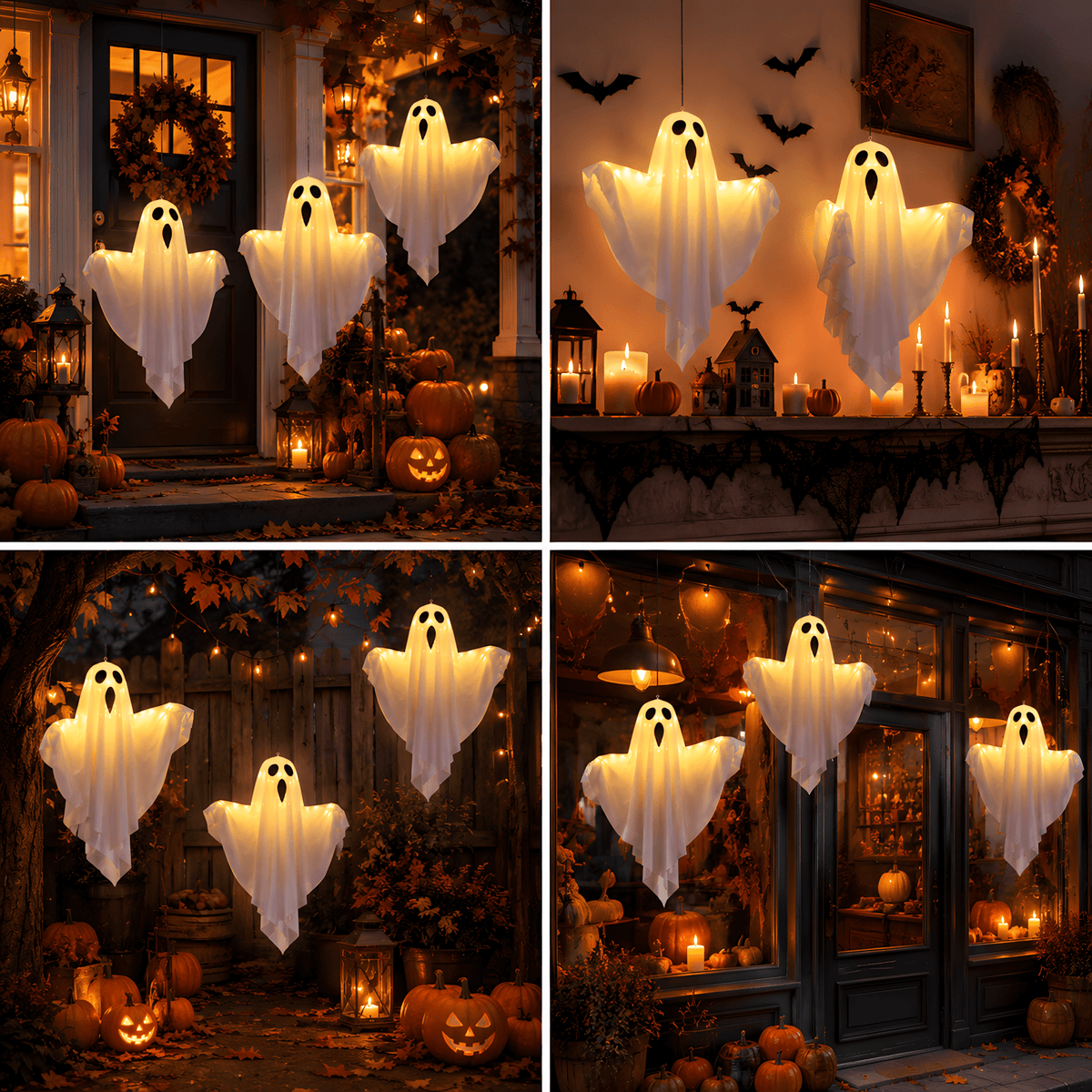 DAYBETTER Halloween Hanging Ghosts Decoration, LED White Ghost Light Up Kit Decor with adjustable arms for Indoor Outdoor Garden Yard Porch Scary Cute Halloween Ghost Decor Gifts (2 Pack)