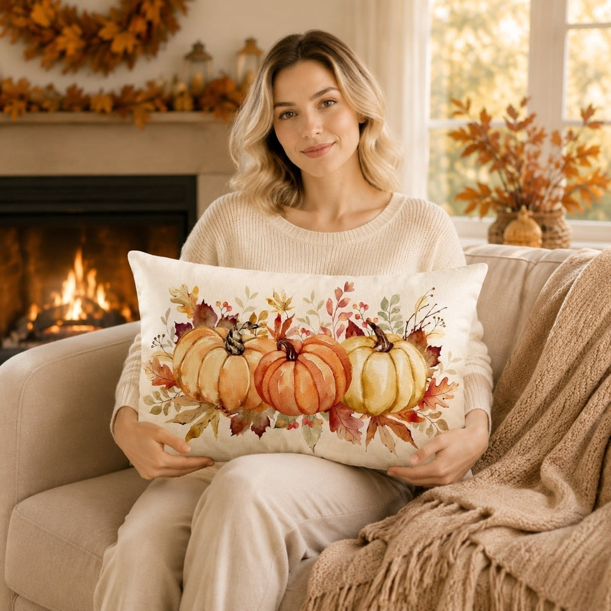 Fall Pumpkin Linen Pillow Cover, Thanksgiving Seasonal Decor Pillowcase, Farmhouse Style Great Housewarming Gift for Fall Home Decor