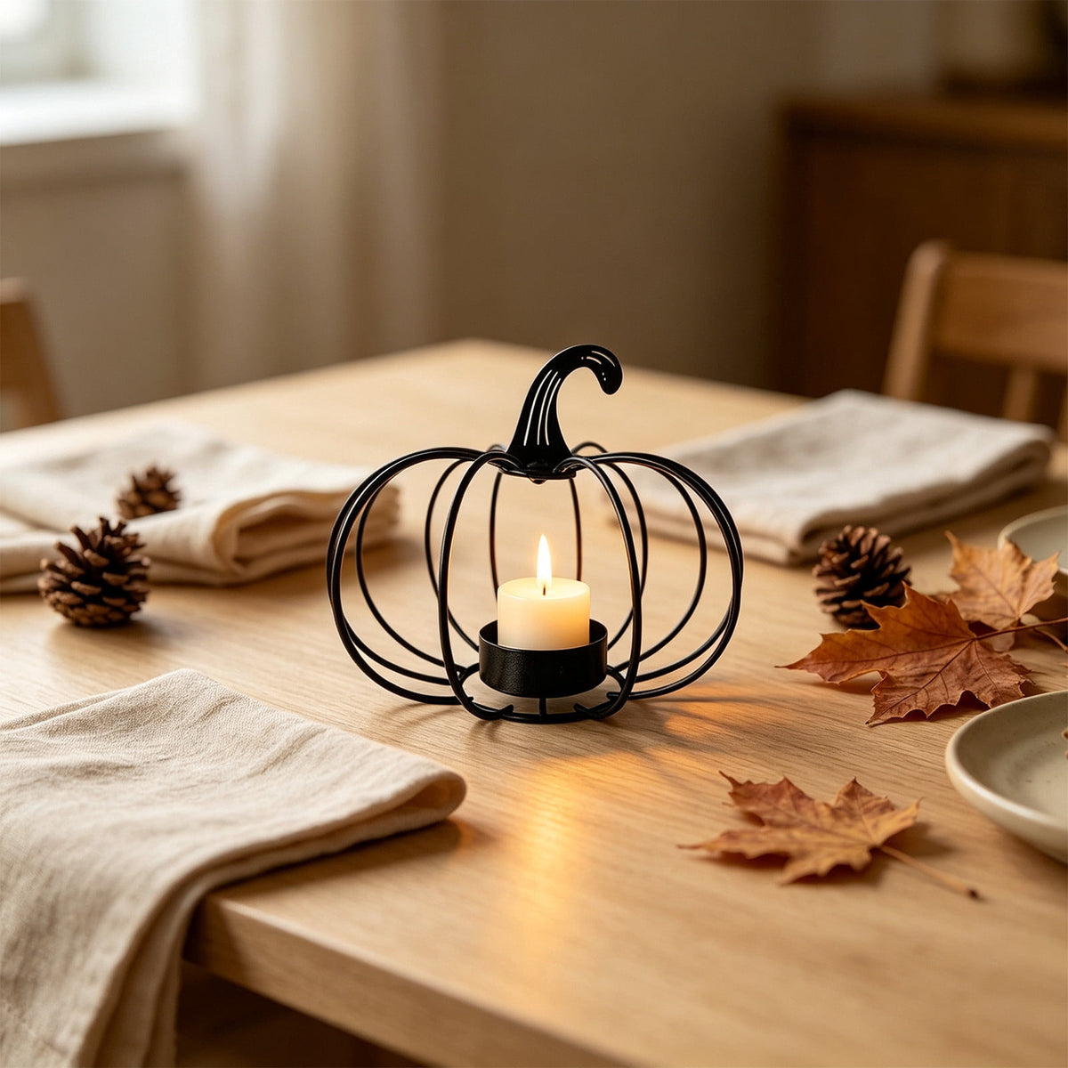 romoty Metal Wire Pumpkin Candle Holder, Vibrant Orange Iron Tealight Stand Tabletop Centerpiece Accent Halloween Thanksgiving Fall Harvest Dining Room Decoration