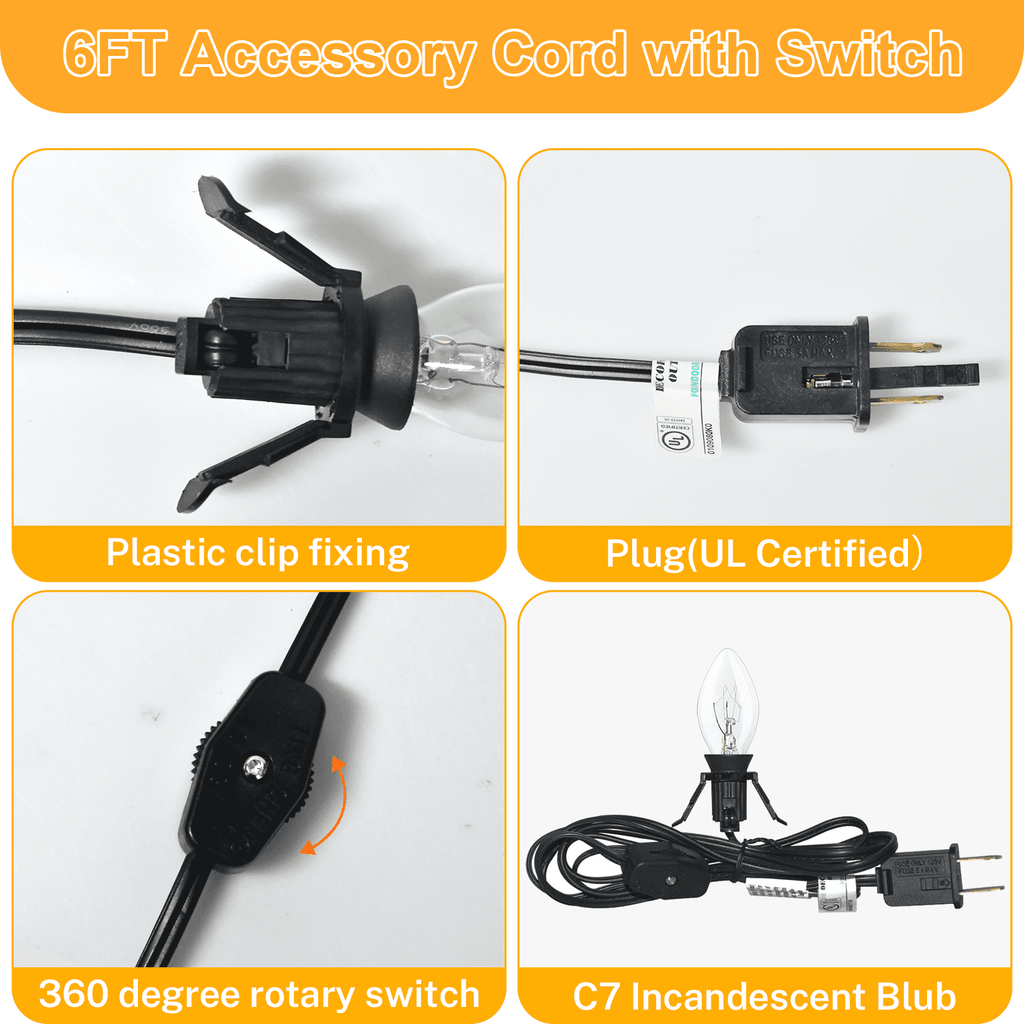 Set of 4 Accessory Cord with C7 Lights, Single Light with 4 Light Bulb, 6FT C7 Socket Clip Lights with On/Off Switch Plugs Perfect for Craft Village Halloween Christmas House Decoration