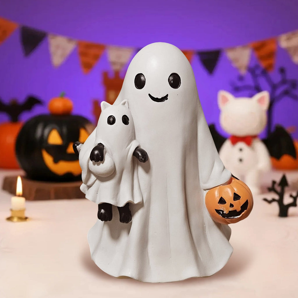 1Pc Halloween Ghost Holding Black Cat and Pumpkin Ornaments,Resin Figurine Holding Pumpkin Decor Cute Handmade Tabletop Statue Perfect for Halloween Home Decoration(White)