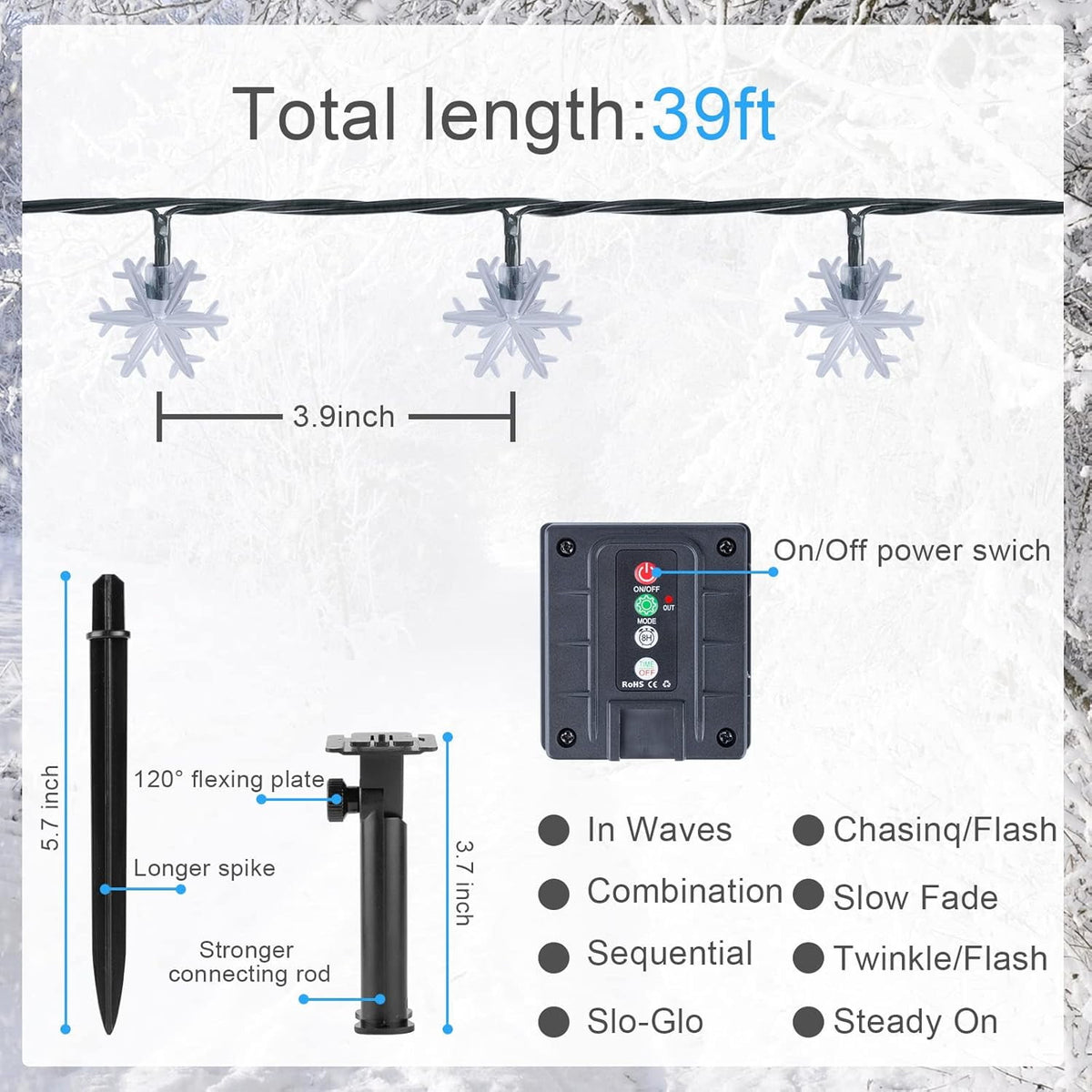 Qoosea Solar Lights Outdoor, Waterproof 100 LED Snowflake Fairy Lights, 39 ft Outdoor Christmas Decoration, String Lights for Party, Patio, Room Decor