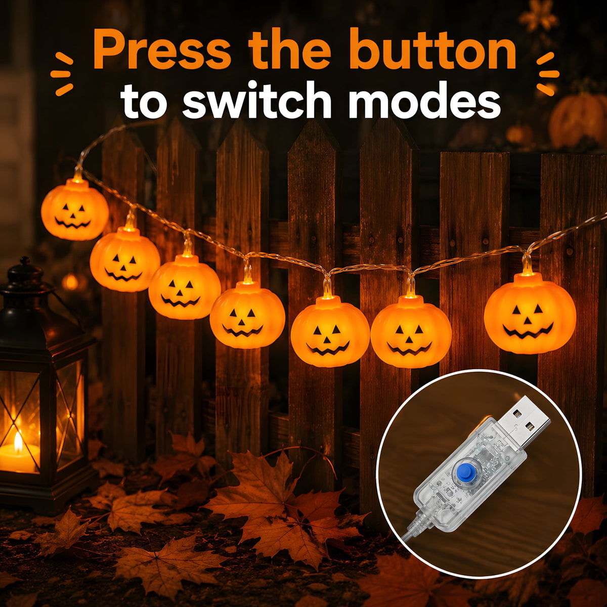 DAYBETTER Halloween Pumpkin String Lights, 10FT 3D Orange Pumpkin Twinkle Lights with 20LEDs, 8 Modes & USB Powered for Indoor, Outdoor, Halloween Decor