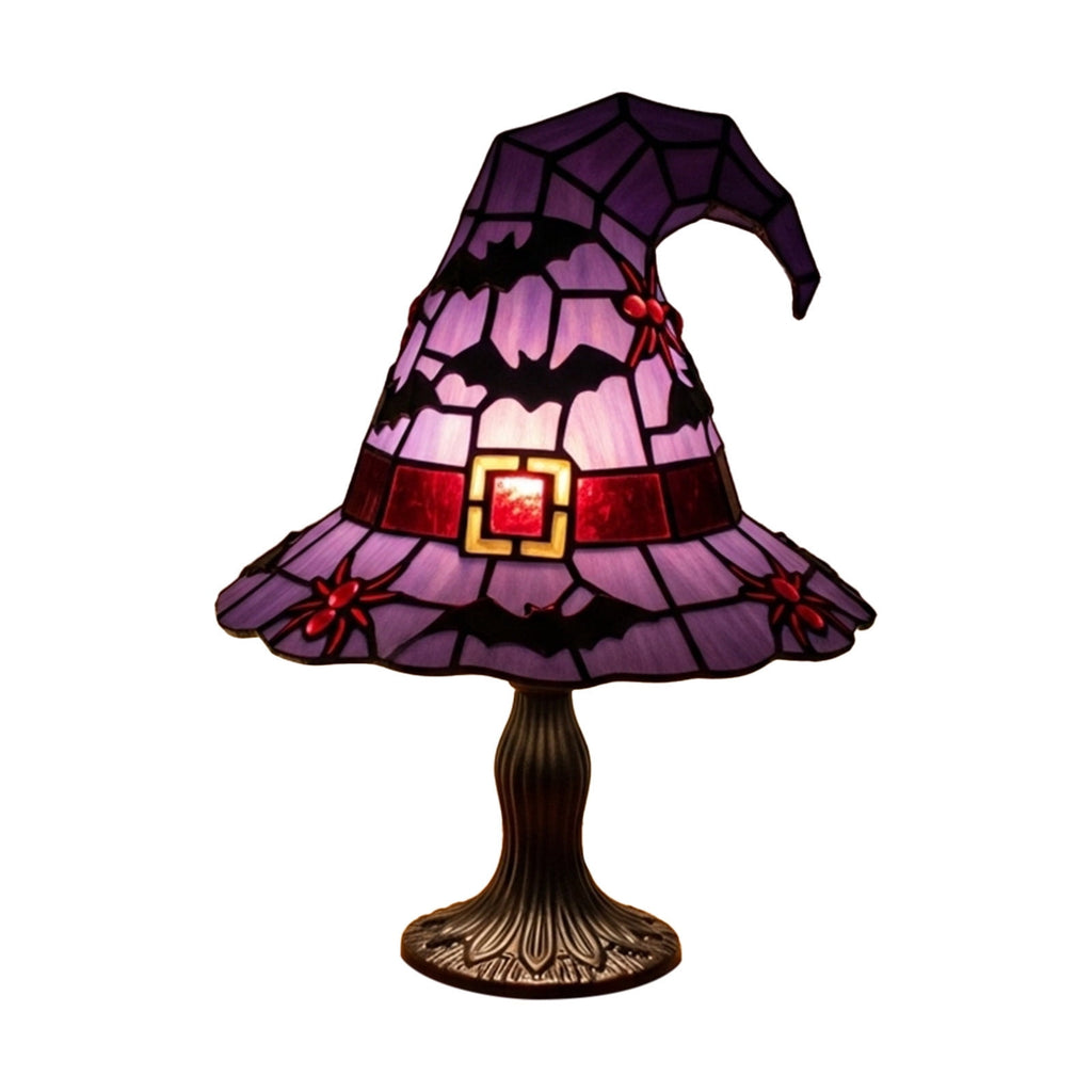 Fuebueo Halloween Witch Hat Lamp 11.81 Inch, Stained Glass Tiffany Style Table Lamp for Bedroom Nightstand, Gothic Witchy Halloween Decorations for Home Living Room