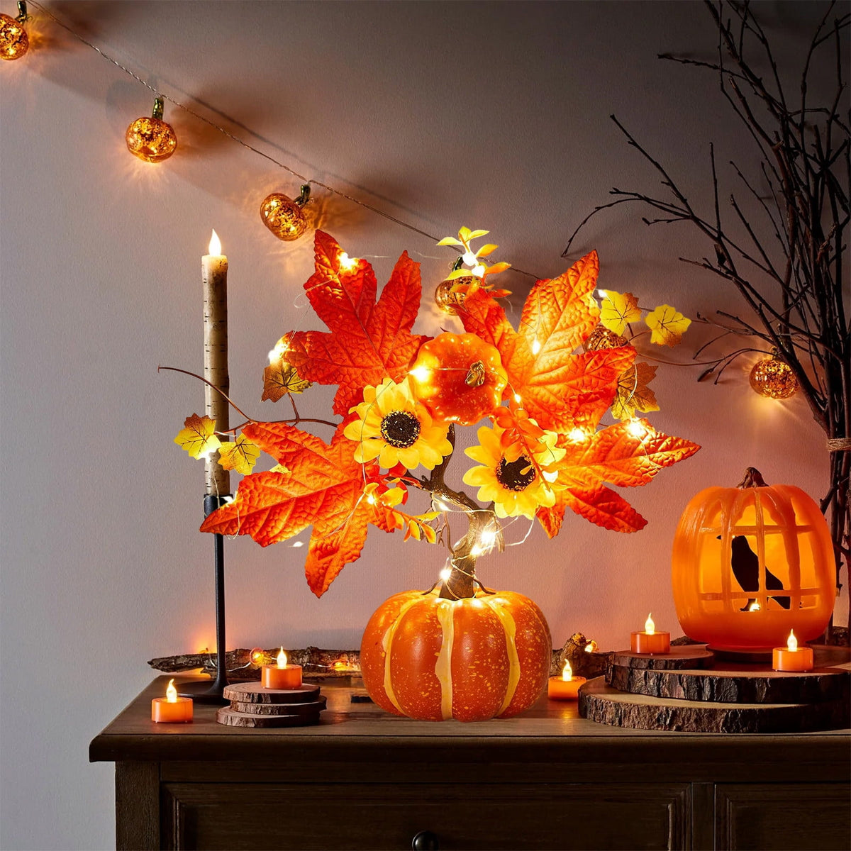 YSGFHGJW Halloween Thanksgiving Artificial Pumpkin Tree Decoration, Light Up with LED Lights, Fall Decor for Dining Table Living Room Porch