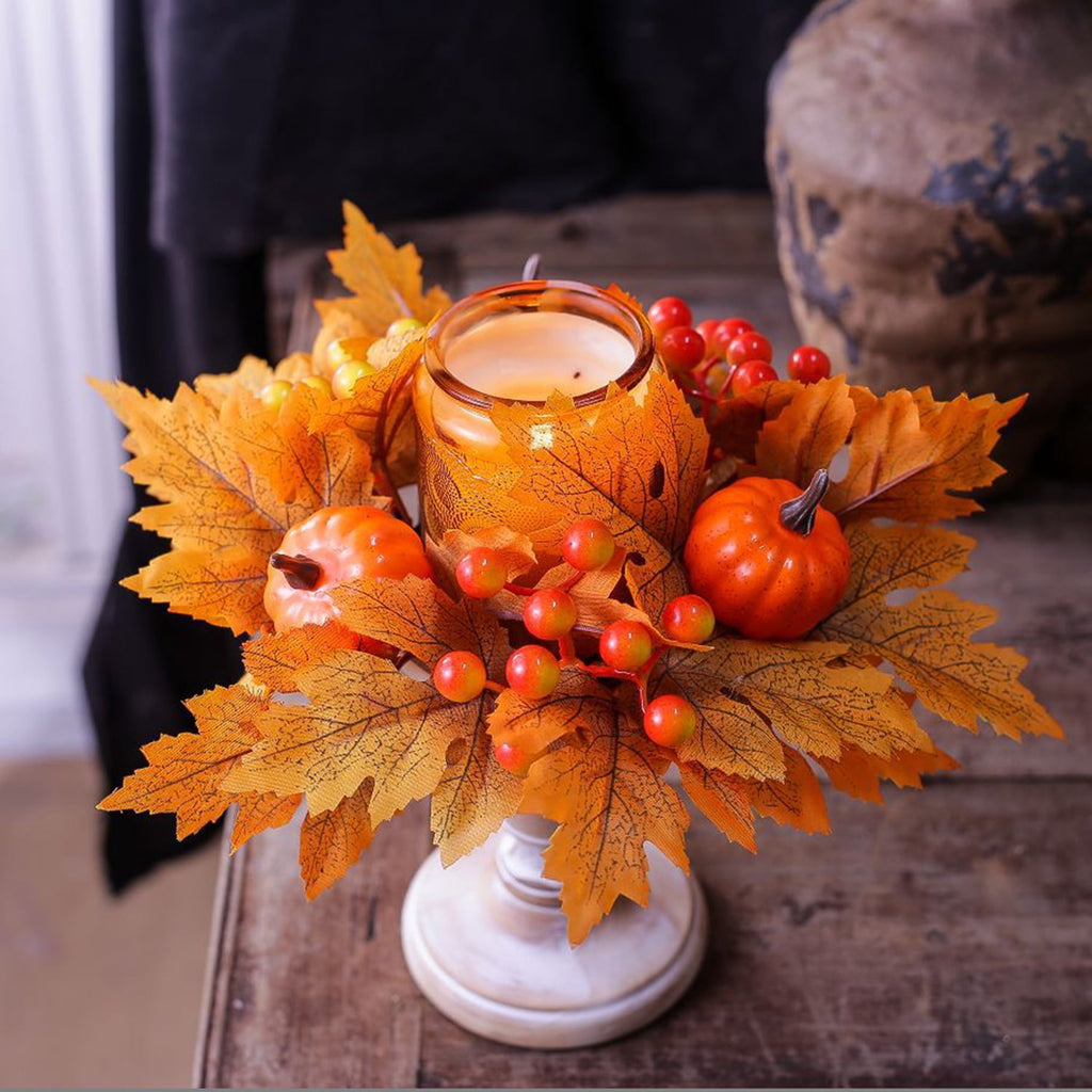 TETOU 2Pcs Halloween Candle Rings Wreath for Pillar Candle Holder, Maple Leaf Black Rose Small Wreaths for Fall Thanksgiving Home Table Centerpieces, Cabinet Decorations - Black