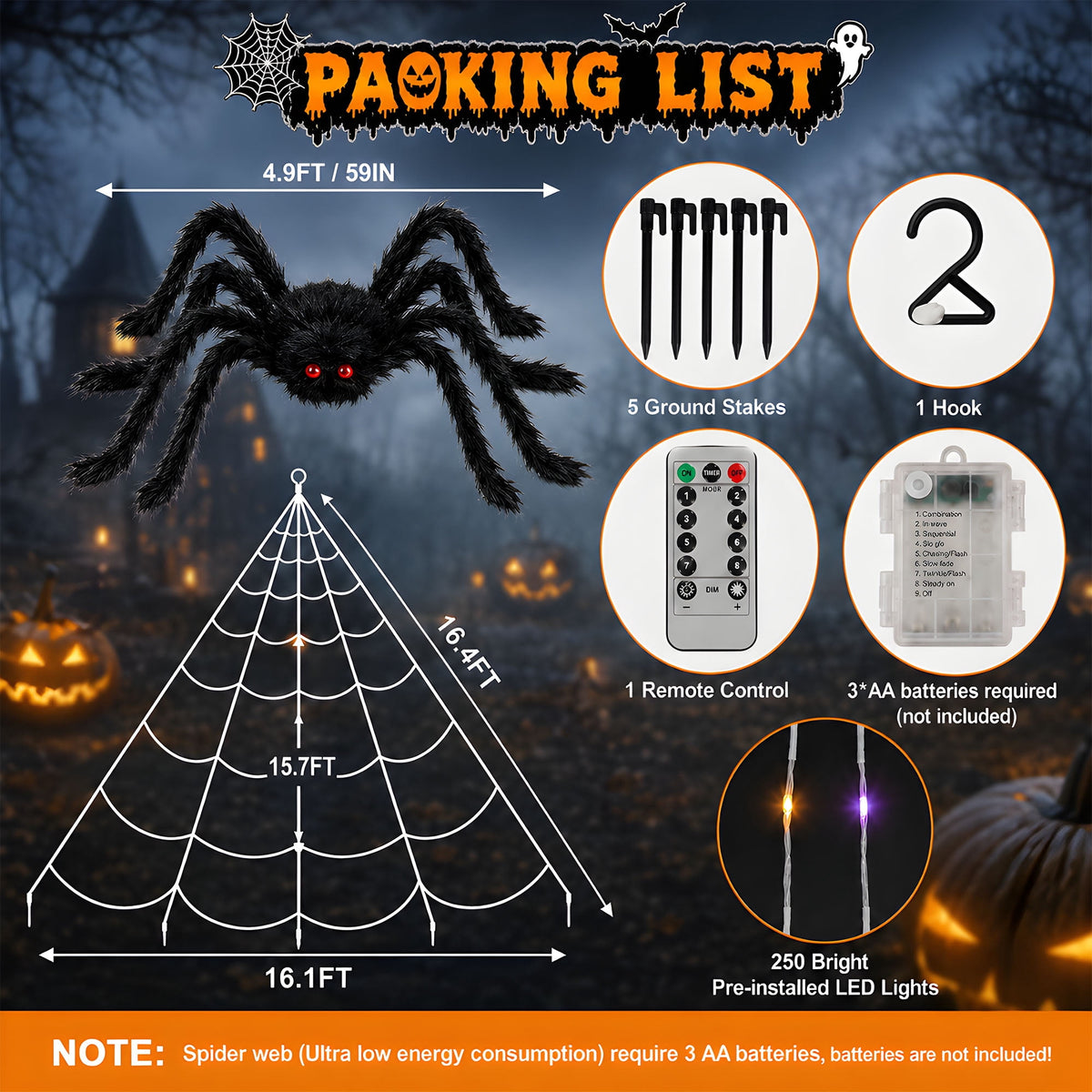 VOLIVO Halloween Spider Web Lights, 5 FT Giant Spider + 15.7 x 16.4 FT Light-up Triangular Web, 250 LED 8 Modes Waterproof Decor for Indoor Outdoor (Purple)