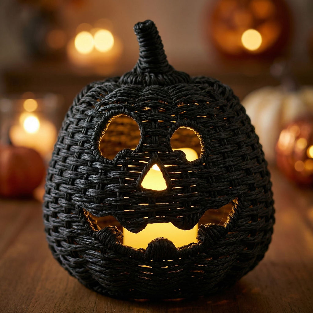 Aximioll Halloween Black Woven Jack-O-Lantern Pumpkin Decor, Hand Woven Rattan Wicker Style Statue, Trick or Treat Candy Bowl Lantern for Porch Entryway Fireplace Mantel Table, Black, 11 Inches