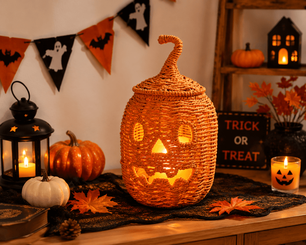 Handwoven Rattan Ghost Lantern with Witch Hat - 13.78 Inch White Wicker Ghost Decor, Light Up Halloween Decorations for Indoor Outdoor, Porch, Patio, Spooky Home Decor, Fall Harvest