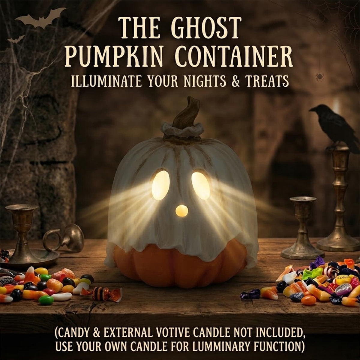Clearance Detachable Pumpkin Ghost Candy Bowl, 11.8 Inch Halloween Pumpkin Container with Removable Ghost Mask Lid, Spooky Tabletop Decor for Halloween Party Supplies