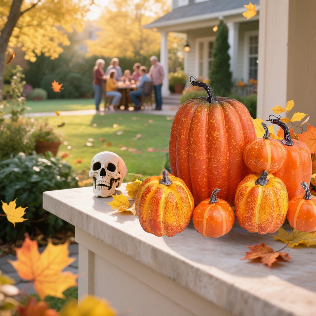 Fall+Decorations,Outdoor Pumpkins for Porch,7pcs Halloween Decorative Pumpkin Model Realistic Looking Simulation Ornament Good For Party Decorations Display(Orange 7pcs/Set 8"-3")