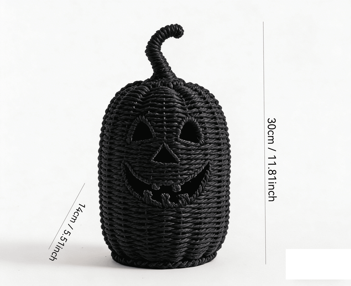 11.8" Black Woven Rattan Jack-O'-Lantern Pumpkin with Warm LED Light, Fall Halloween Tabletop Decoration for Indoor Home, Mantel, Party Decor, Rattan Halloween Pumpkin Decoration