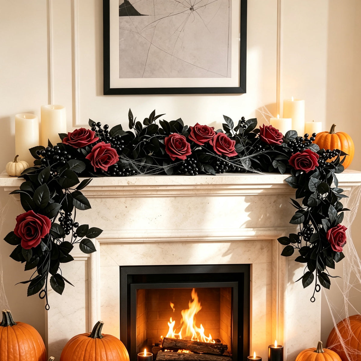 Halloween Black Garland with LED Lights 70.87 Inch Gothic Foliage for Mantel Stair Halloween Party Home Indoor Decor