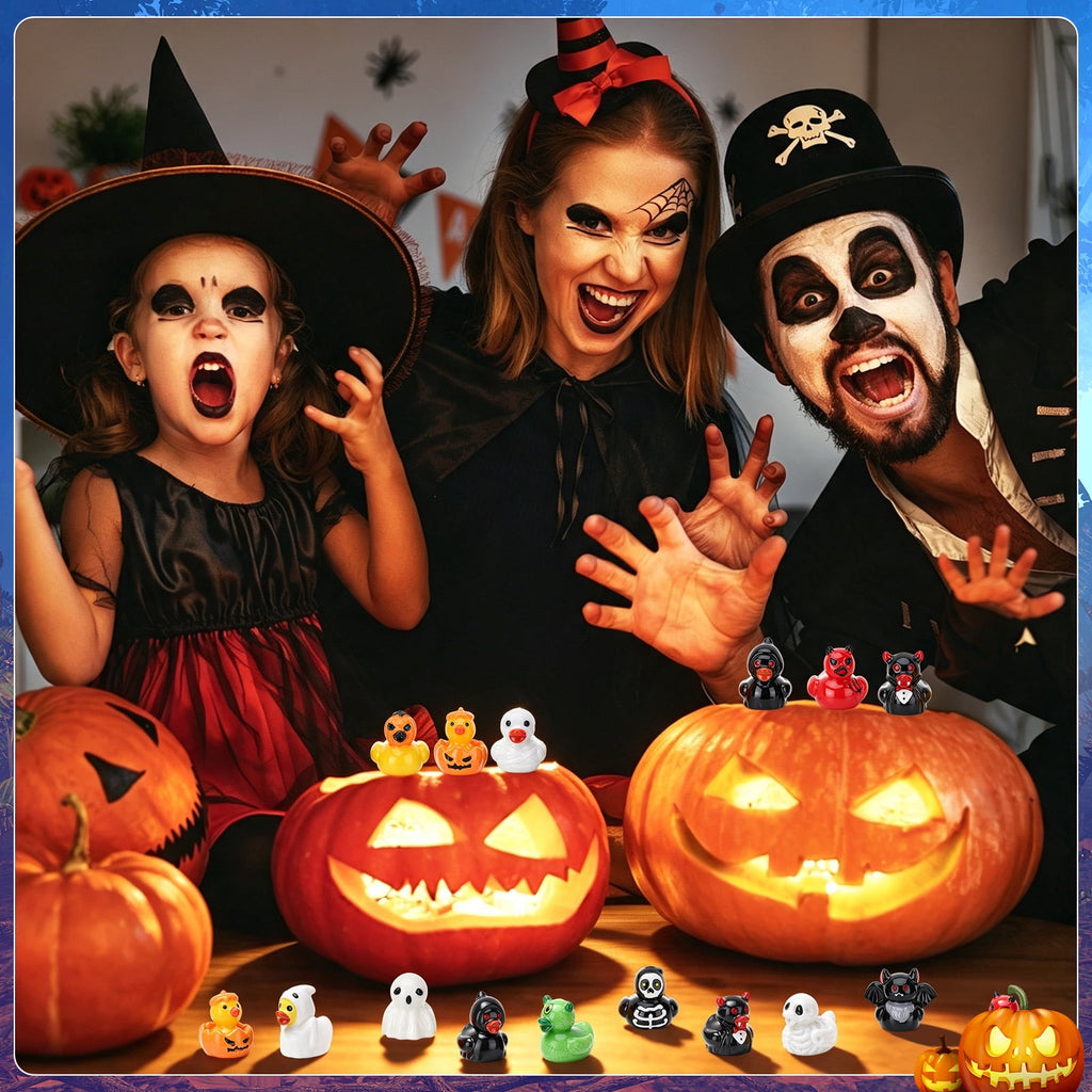 sixwipe 60 Pcs Halloween Mini Resin Ducks, 12 Styles Miniature Resin Ducks Bulk, Skeleton Pumpkin Witch Devil Ghost Tiny Duck Figures for Halloween Party Gift, DIY Craft