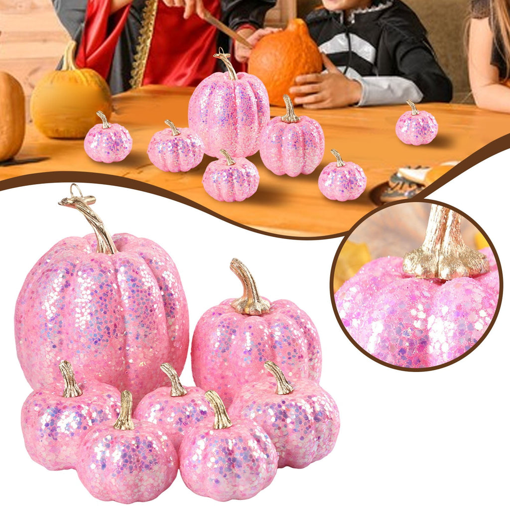 FXMLRLK Pink Velvet Pumpkins Fall Decor, 7PCS Artificial Glitter Pumpkins for Halloween Thanksgiving Day Home Centerpieces for Tables Seasonal Holiday Decor