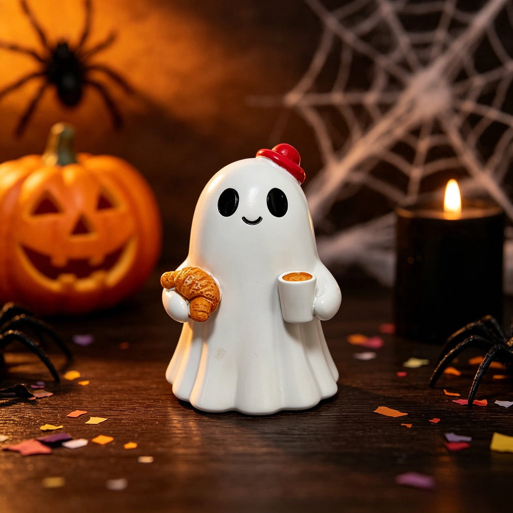 Halloween Ghost Figurine, Resin Lighted Ghost Ornament with Pumpkin Lantern & Beverage Cup, Tabletop Halloween Indoor Decor