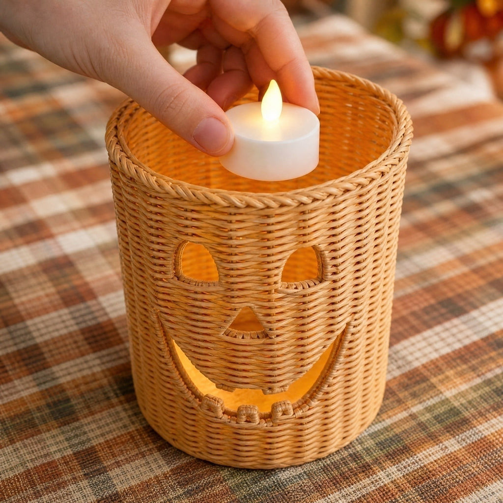 Aximioll Halloween Black Woven Jack-O-Lantern Pumpkin Decor, Hand Woven Rattan Wicker Style Statue, Trick or Treat Candy Bowl Lantern for Porch Entryway Fireplace Mantel Table, Black, 11 Inches