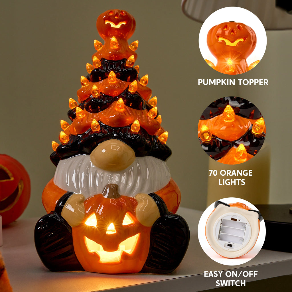Joyfy 8.5 inch Halloween Decorations Ceramic Gnome Tree Decorations with Build-in LEDs,Light Up Pumpkin Table Decor Bedroom Indoor Centerpieces for Tables
