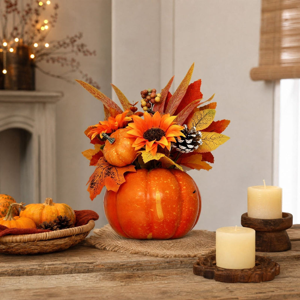 Pumpkin Decor with Artificial Flower Sunflowers Fall Decorations for Home Tabletop Kitchen Party Thanksgiving Harvest