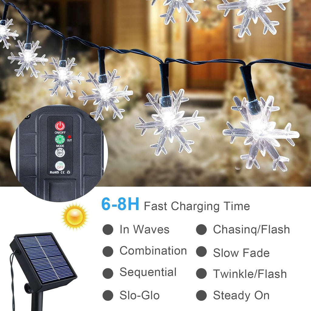 Qoosea Solar Lights Outdoor, Waterproof 100 LED Snowflake Fairy Lights, 39 ft Outdoor Christmas Decoration, String Lights for Party, Patio, Room Decor