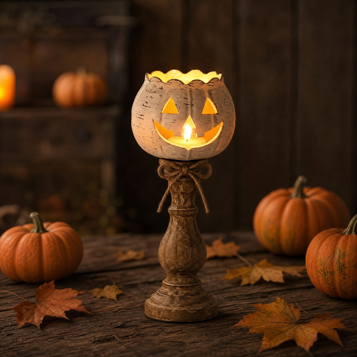 Halloween Lamp Indoor Tabletop Decorations, LED Lighted Wooden Pumpkin with Vintage Pedestal Stand and Rope Bow, 8.7 Inch Rustic Halloween Decor for Home Mantel Entryway