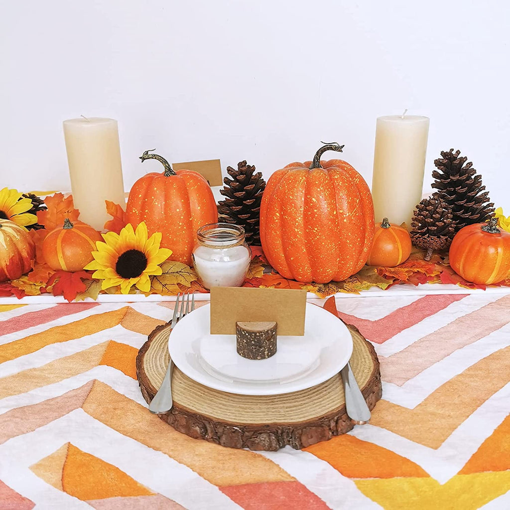 Foraging dimple 7 Pcs Assorted Harvest Orange Artificial Pumpkins Decorative Pumpkins Foam Pumpkins with Gold Stems for Fall Harvest Autumn Home Wedding Thanksgiving Halloween Party