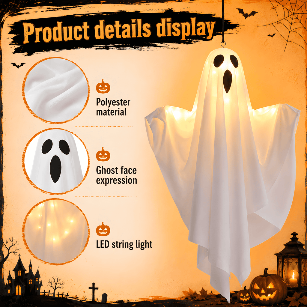 DAYBETTER Halloween Hanging Ghosts Decoration, LED White Ghost Light Up Kit Decor with adjustable arms for Indoor Outdoor Garden Yard Porch Scary Cute Halloween Ghost Decor Gifts (2 Pack)