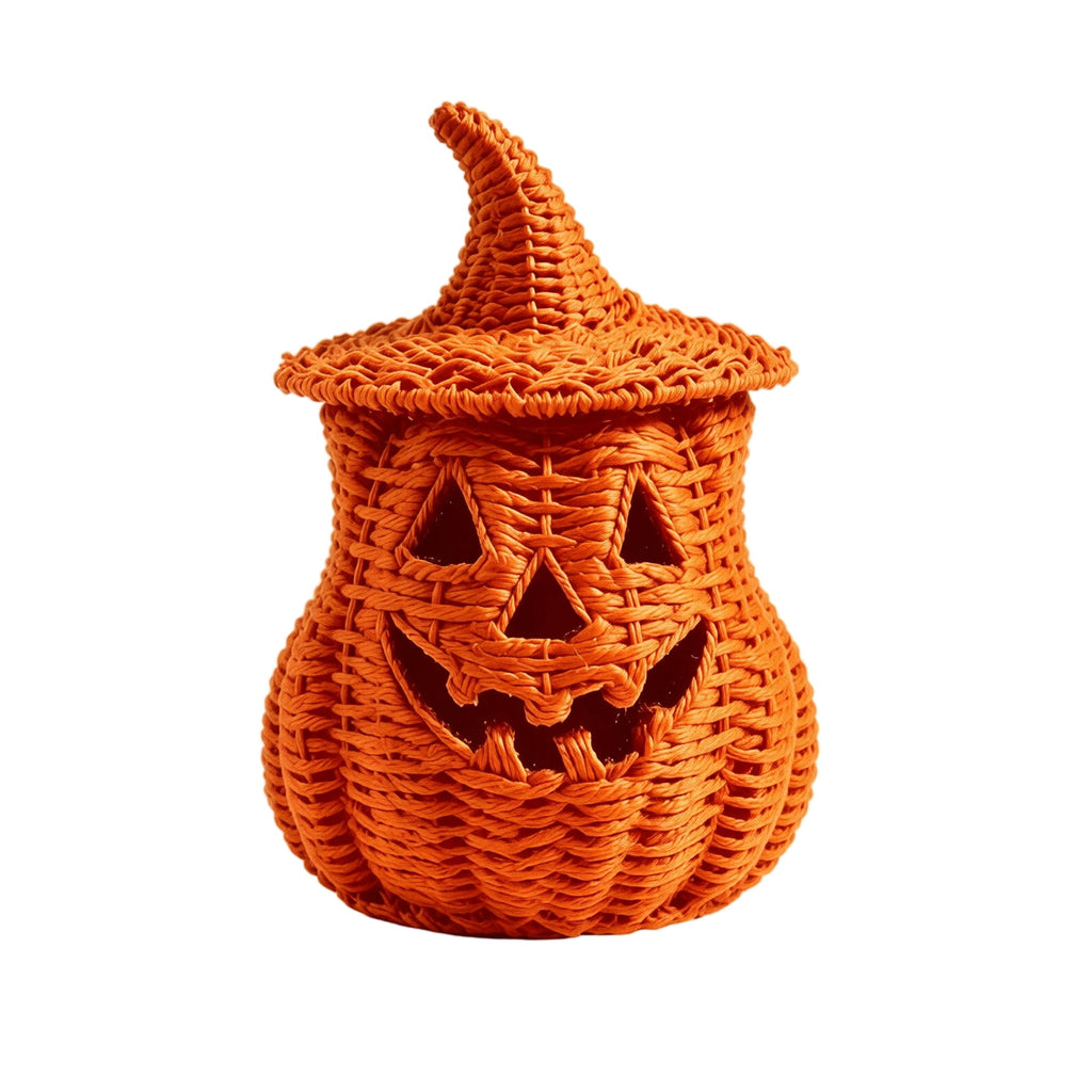 Aximioll Halloween Black Woven Jack-O-Lantern Pumpkin Decor, Hand Woven Rattan Wicker Style Statue, Trick or Treat Candy Bowl Lantern for Porch Entryway Fireplace Mantel Table, Black, 11 Inches
