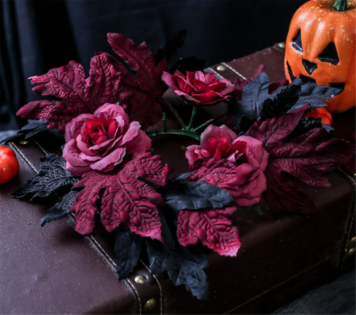 TETOU 2Pcs Halloween Candle Rings Wreath for Pillar Candle Holder, Maple Leaf Black Rose Small Wreaths for Fall Thanksgiving Home Table Centerpieces, Cabinet Decorations - Black
