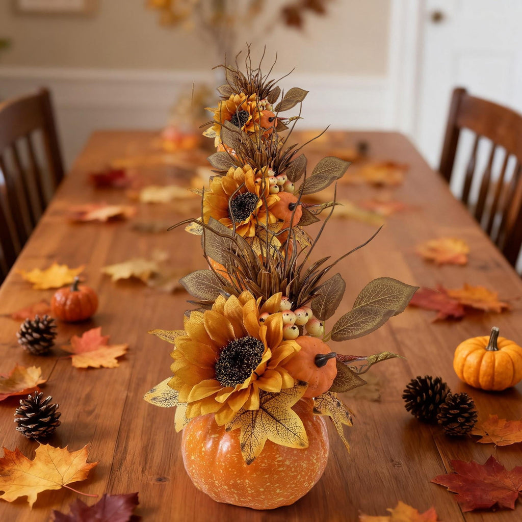 Pumpkin Decor with Artificial Flower Sunflowers Fall Decorations for Home Tabletop Kitchen Party Thanksgiving Harvest