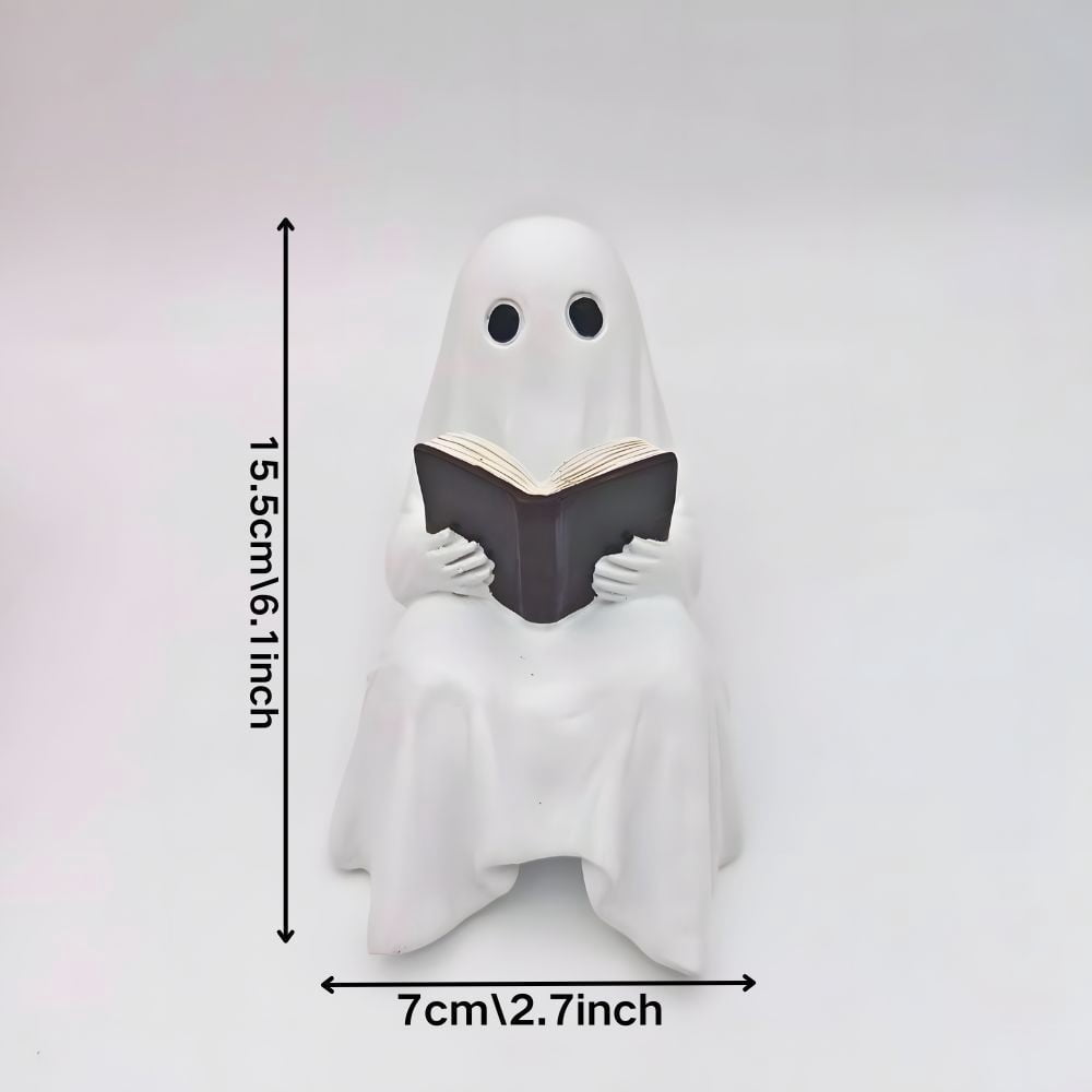 Halloween Ghost Figurine, Resin Lighted Ghost Ornament with Pumpkin Lantern & Beverage Cup, Tabletop Halloween Indoor Decor
