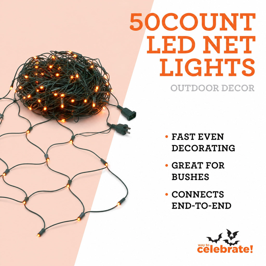 Indoor/Outdoor 50-Count LED Net Lights, Multicolor, 4' x 4', Halloween by Way To Celebrate