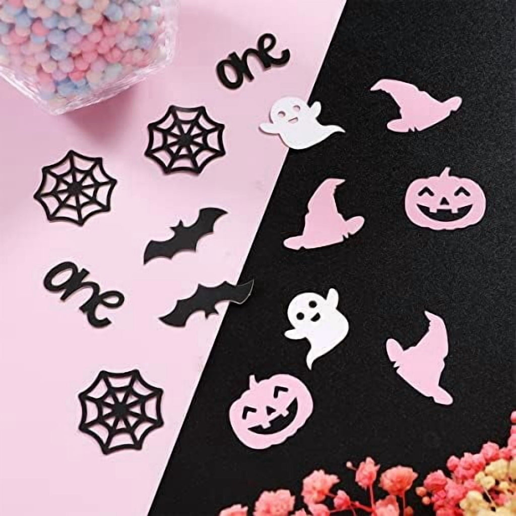 200 Piece Halloween 1st Birthday Party Confetti Pink Black Spider Web Pumpkin Bat Wizard Hat Ghost Table Decor
