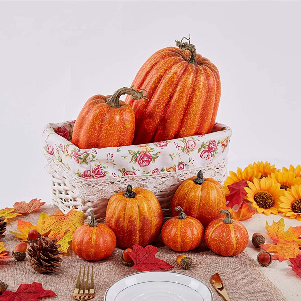 7PCS Pumpkin Decor Set for Fall and Halloween, Artificial Foam Pumpkins in Orange for Indoor and Outdoor Decor for Thanksgiving Table Centerpieces, Wedding Decorations and DIY Crafts