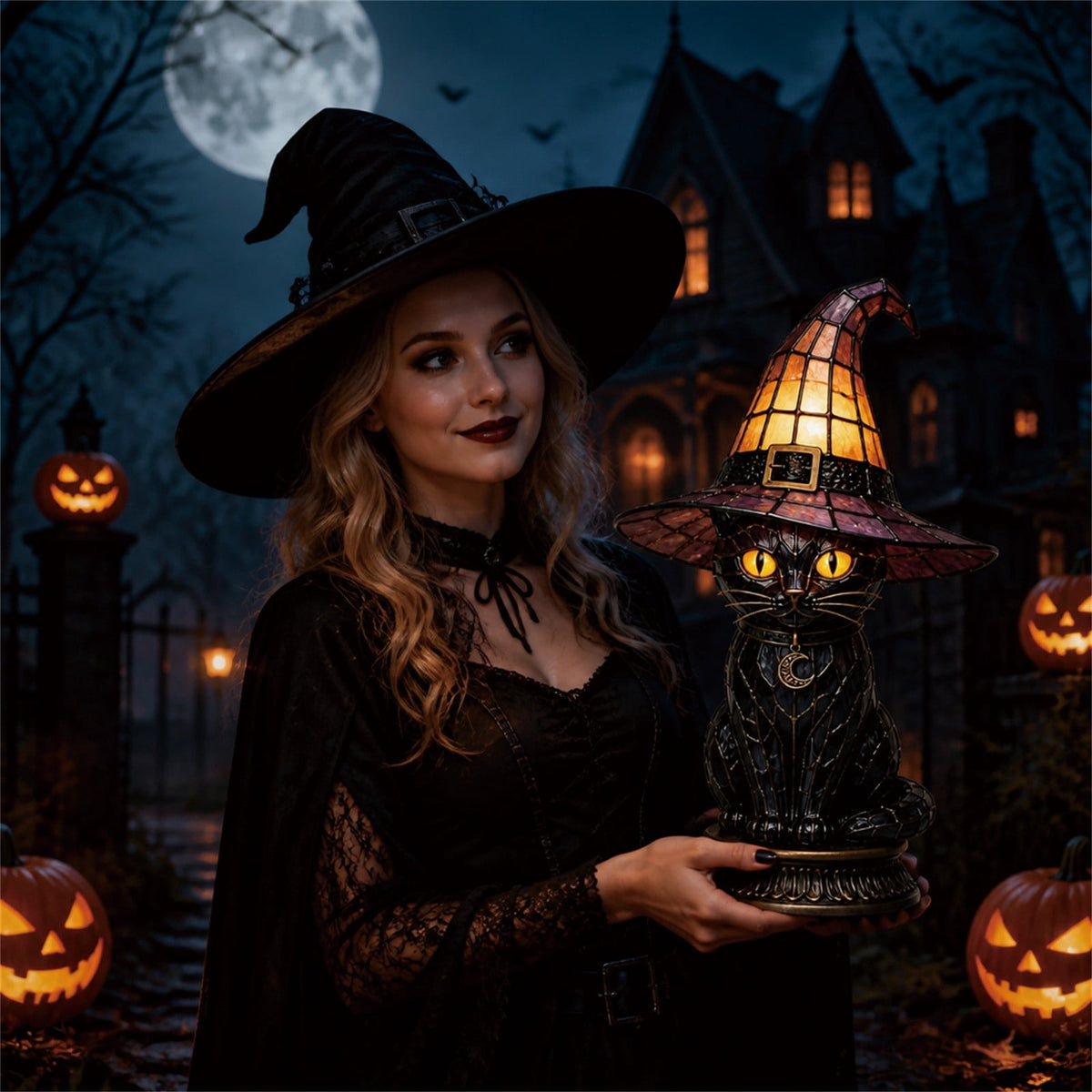 Guodhu Witch Hat Table Lamp Halloween Glowing Resin Ornament Mini Night Light for Bedroom Shelf Spooky Decor with LED(Multicolor)