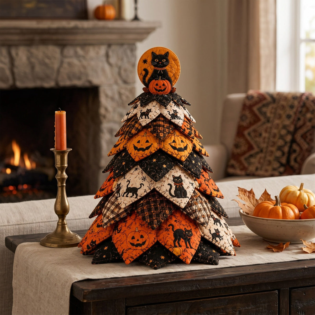 Lypsnake DIY Halloween Quilted Fabric Tree Kit, Vintage Pumpkin Sunflower Patchwork, 3D Padded Sewing Craft Project for Autumn Harvest Decor