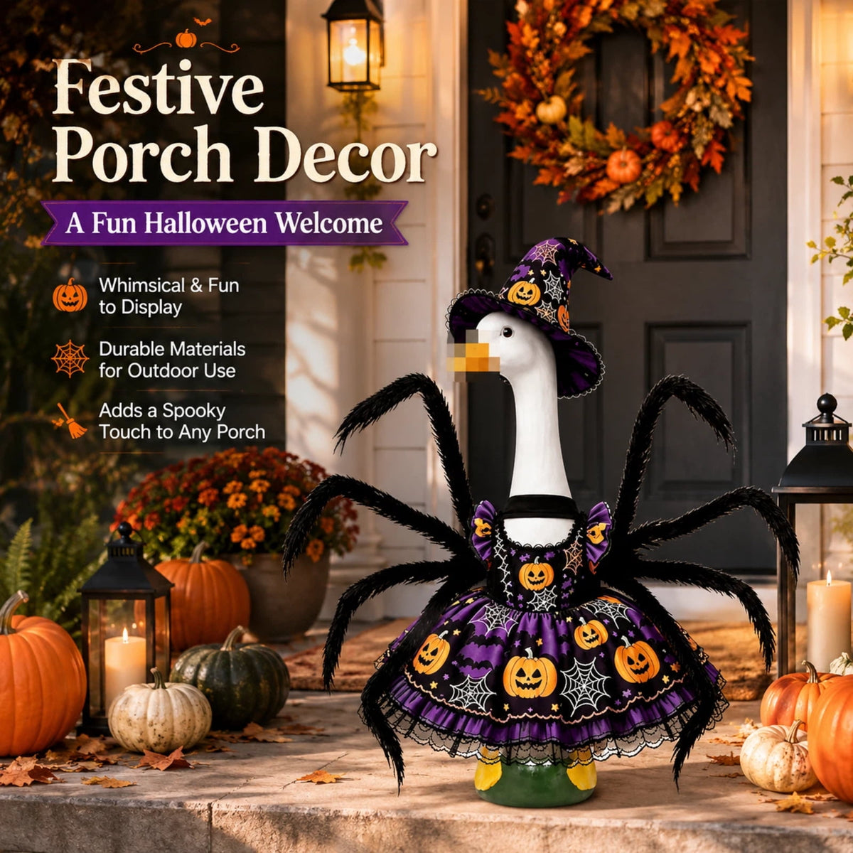 Porch Goose Halloween Outfit for 23 Inch Goose Statue, Witch Hat Dress with Fuzzy Spider Legs, Pumpkin Spiderweb Goose Clothes, Funny Yard Lawn Patio Decor