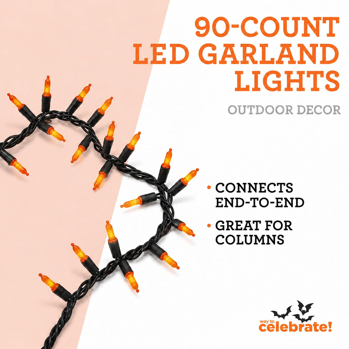 Indoor/Outdoor 90-Count LED Garland Lights, Orange, 9', Halloween by Way To Celebrate