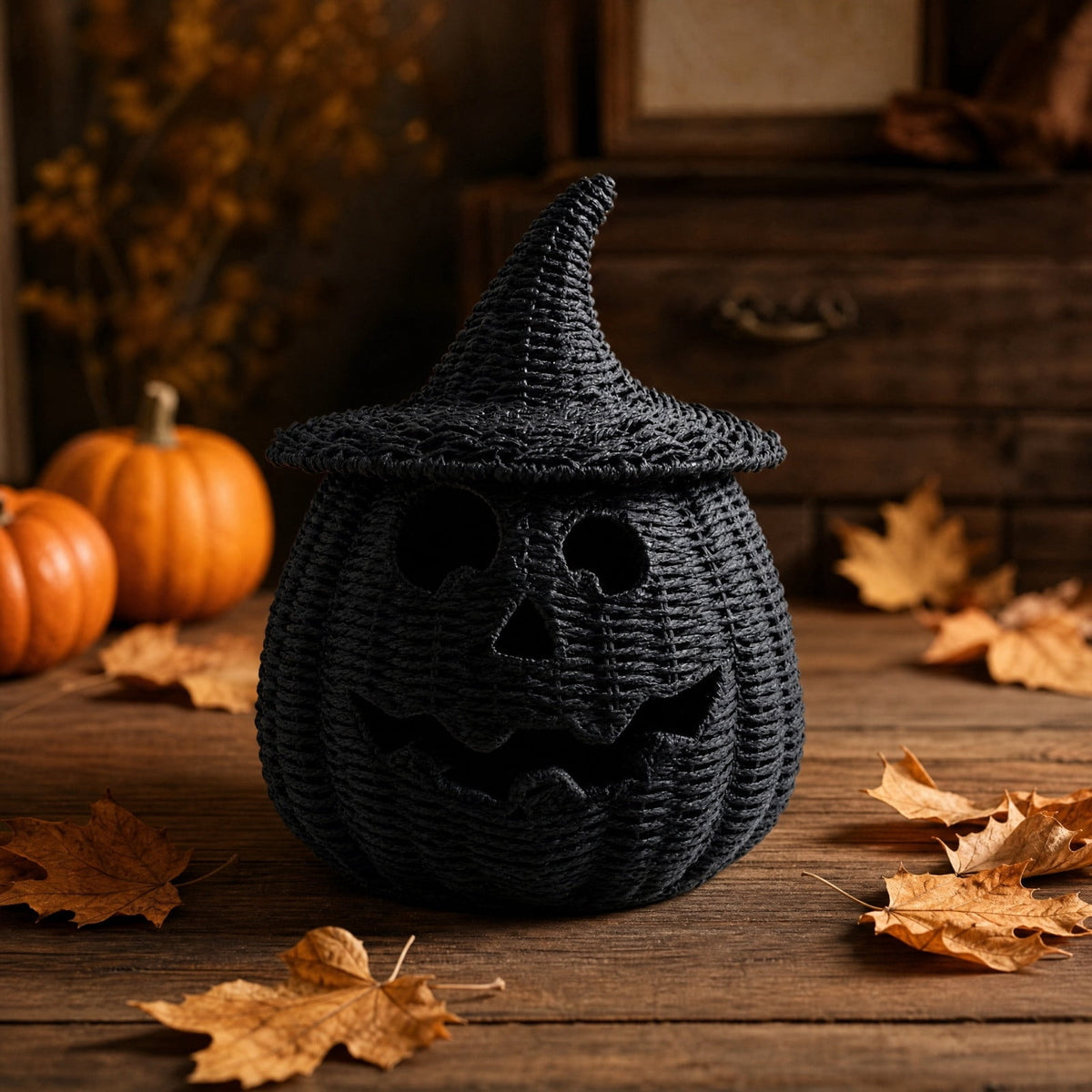Handwoven Rattan Pumpkin Lantern with Lid, 11" Halloween Light Up Woven Pumpkin Decor, Rustic Black Wicker Pumpkin Decoration for Indoor Home Mantle Tabletop Decor(B)