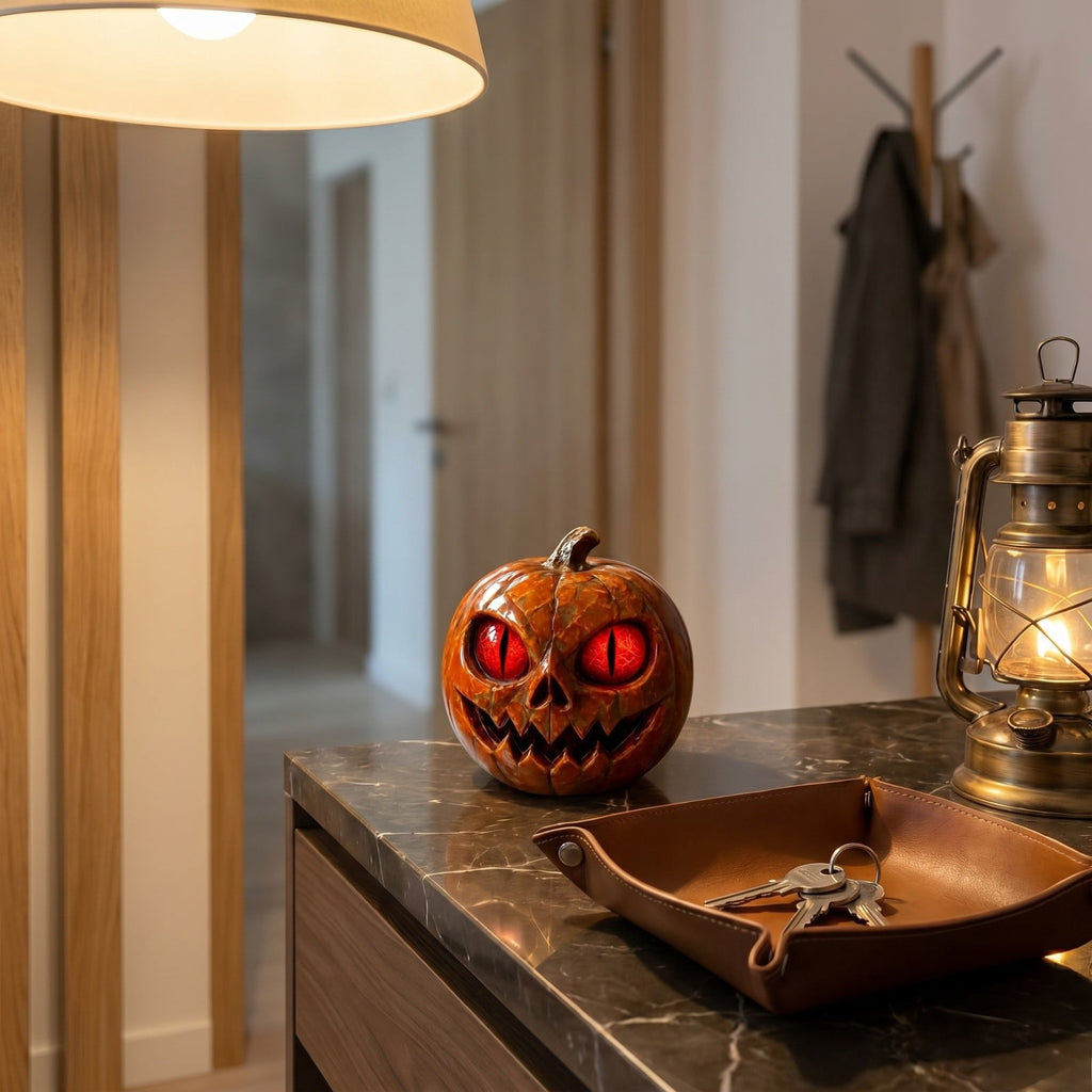 Halloween Scary Jack O Lantern Pumpkin Statue with Color Changing LED Eyes Spooky Tabletop Yard Decor Prop