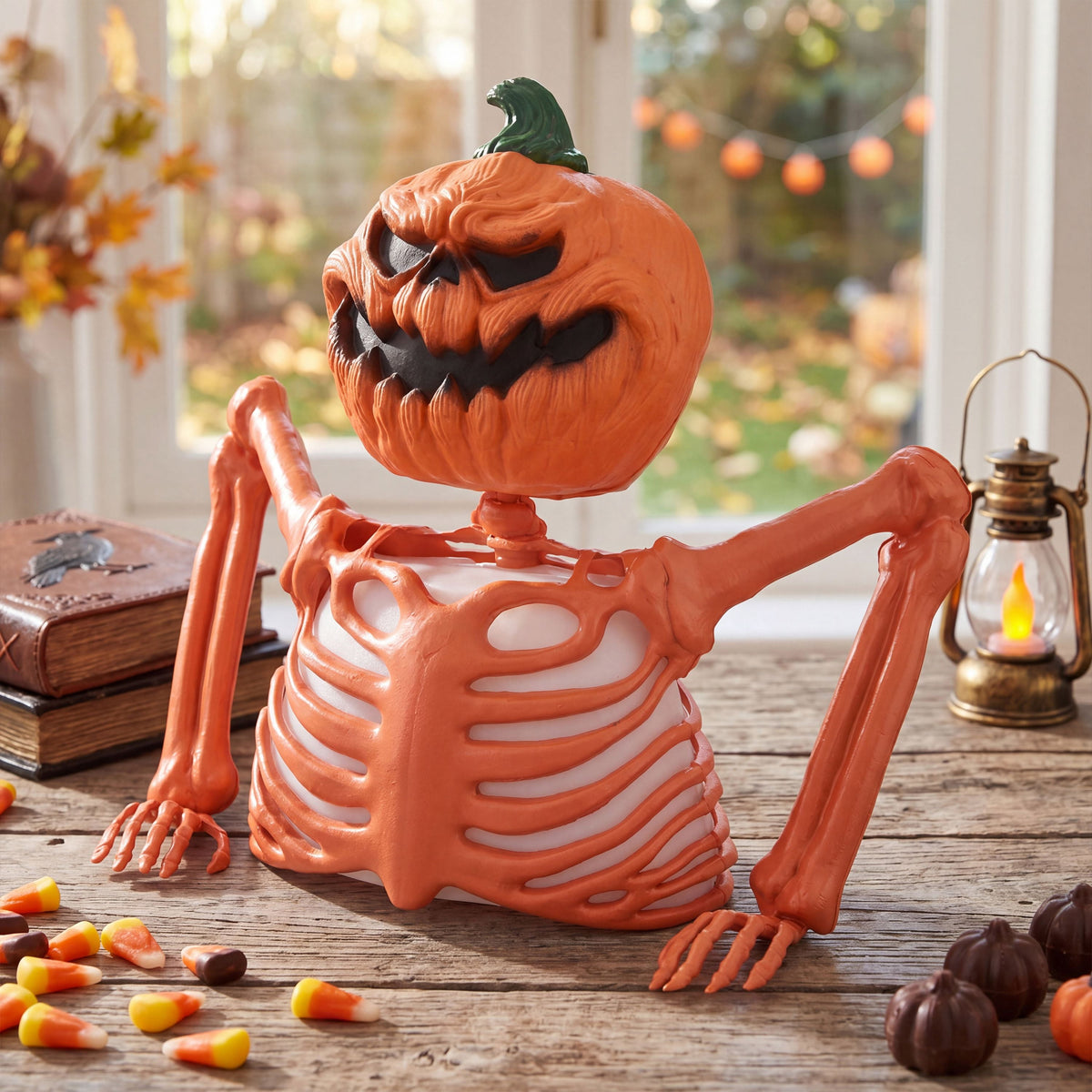 Joyfy Halloween LED Light Up Skeleton Pumpkin Table Decor,Multicolor Lighted Pumpkin Skeleton Ornament Indoor Outdoor Desk & Party Tabletop Decoration Supplies