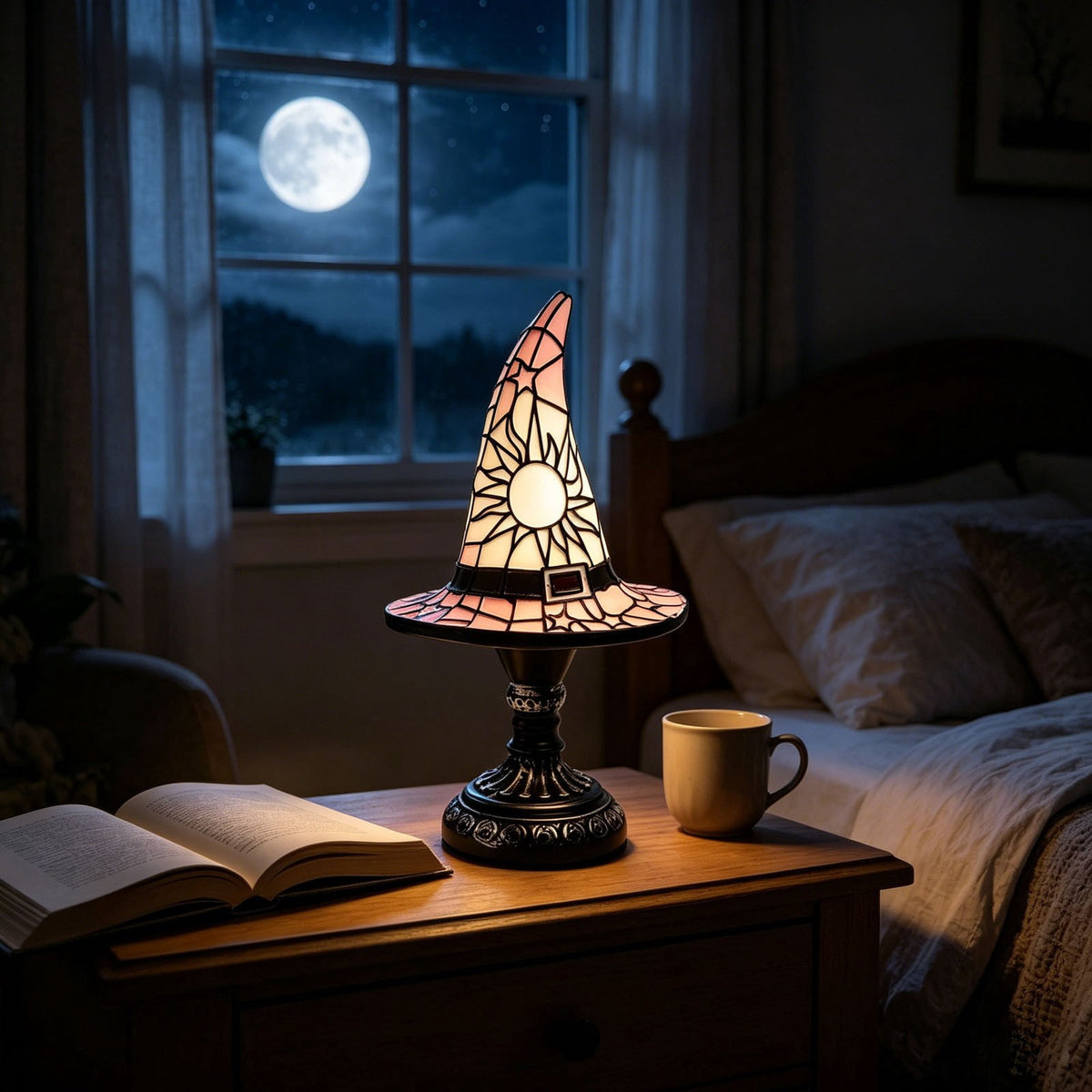 Stained Glass Witch Hat Lamp Gothic Halloween Lighting Decor, Vintage Witchy Hats Night Lights, Handcrafted Retro Resin Table Lamp for Bedroom, Living Room & Home Decor