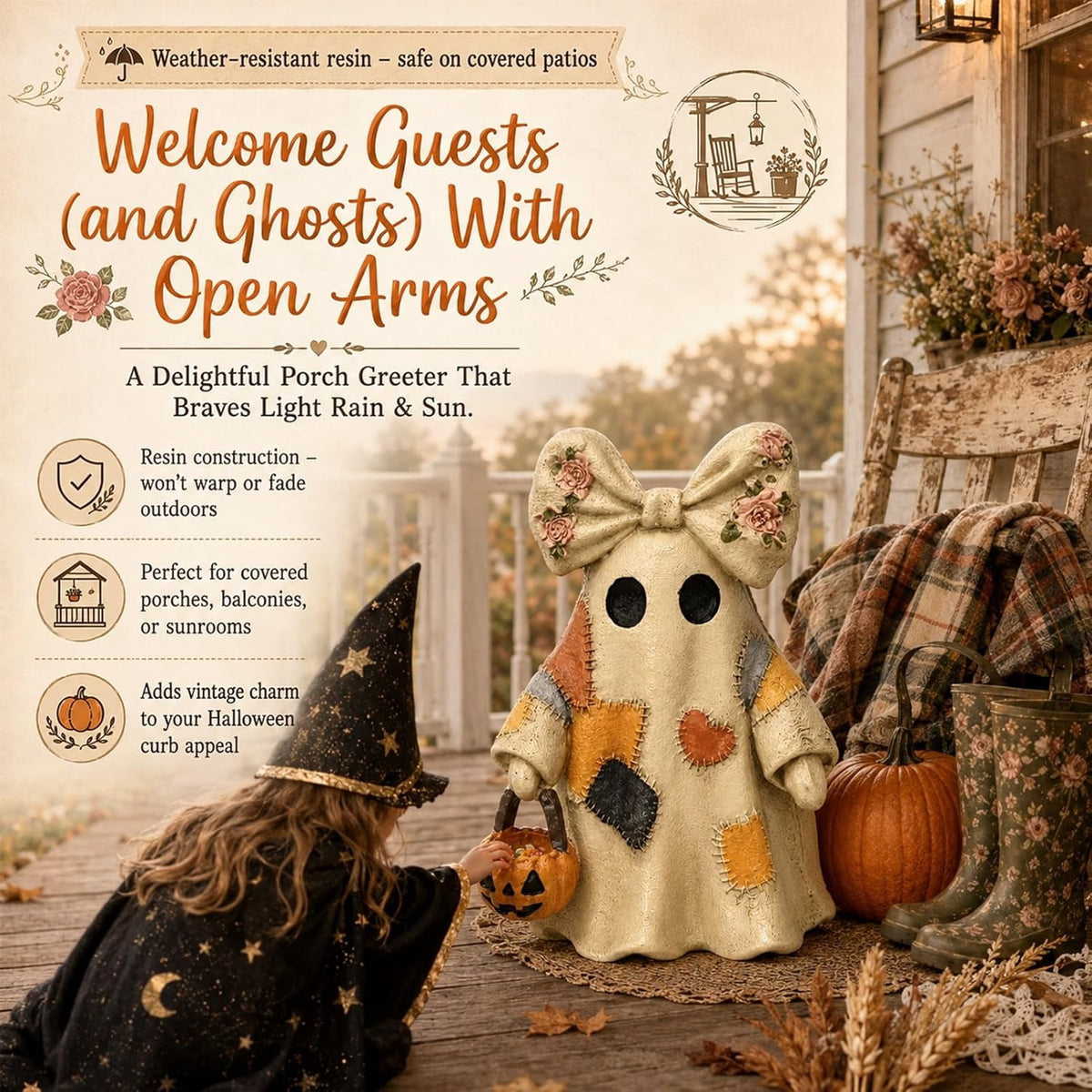 Vintage Halloween Decor Resin 4" - Light Up Ghost Statue & Pumpkin Lantern for Mantel Shelf & Entryway, 1 Pack Available