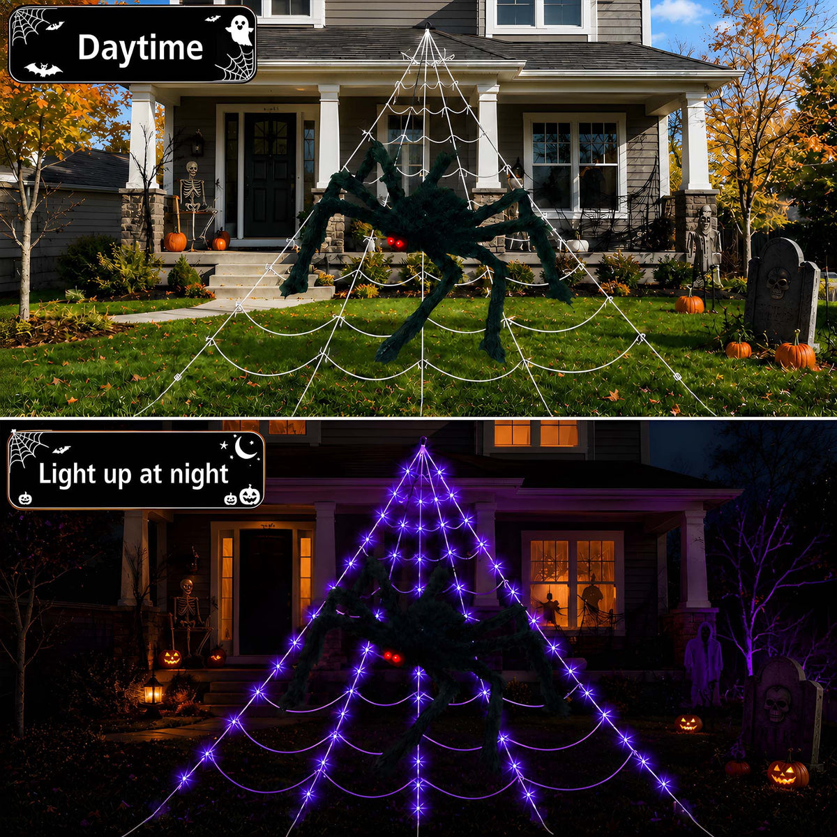 VOLIVO Halloween Spider Web Lights, 5 FT Giant Spider + 15.7 x 16.4 FT Light-up Triangular Web, 250 LED 8 Modes Waterproof Decor for Indoor Outdoor (Purple)